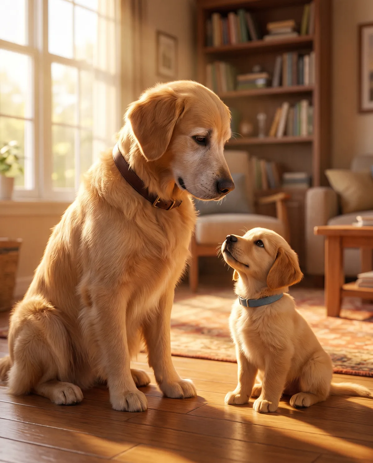 Dad Dog and Puppy together in a sunlit living room